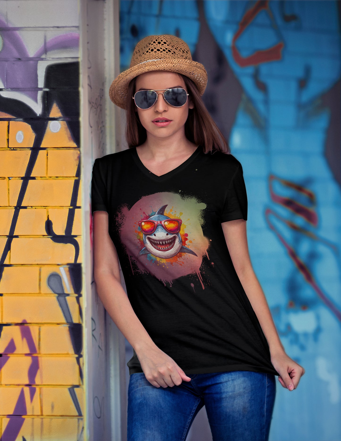 "Summer Vibe Shark" V-Neck Tee