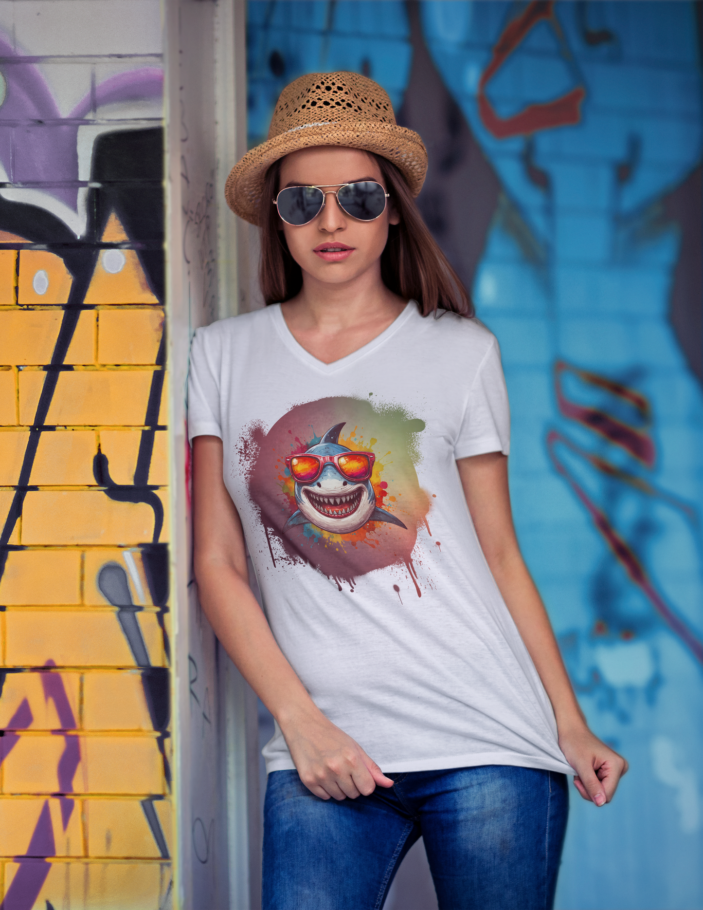"Summer Vibe Shark" V-Neck Tee